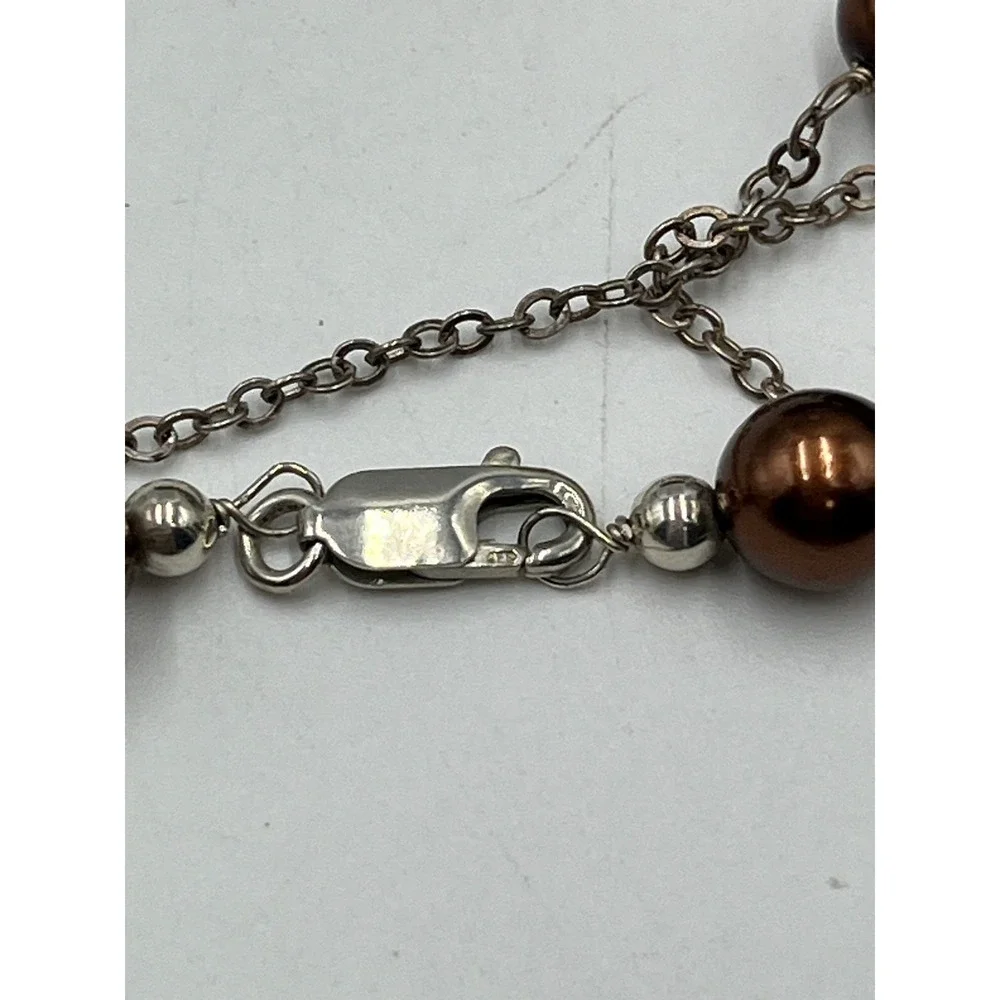Round Chocolate Brown Freshwater Tin Cup Pearl Sterling Silver Link Necklace 16